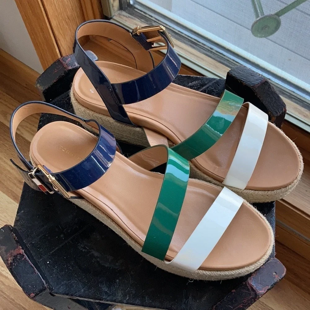 Tommy Hilfiger Marri Flatform espadrille navy, green and white strap sandal
